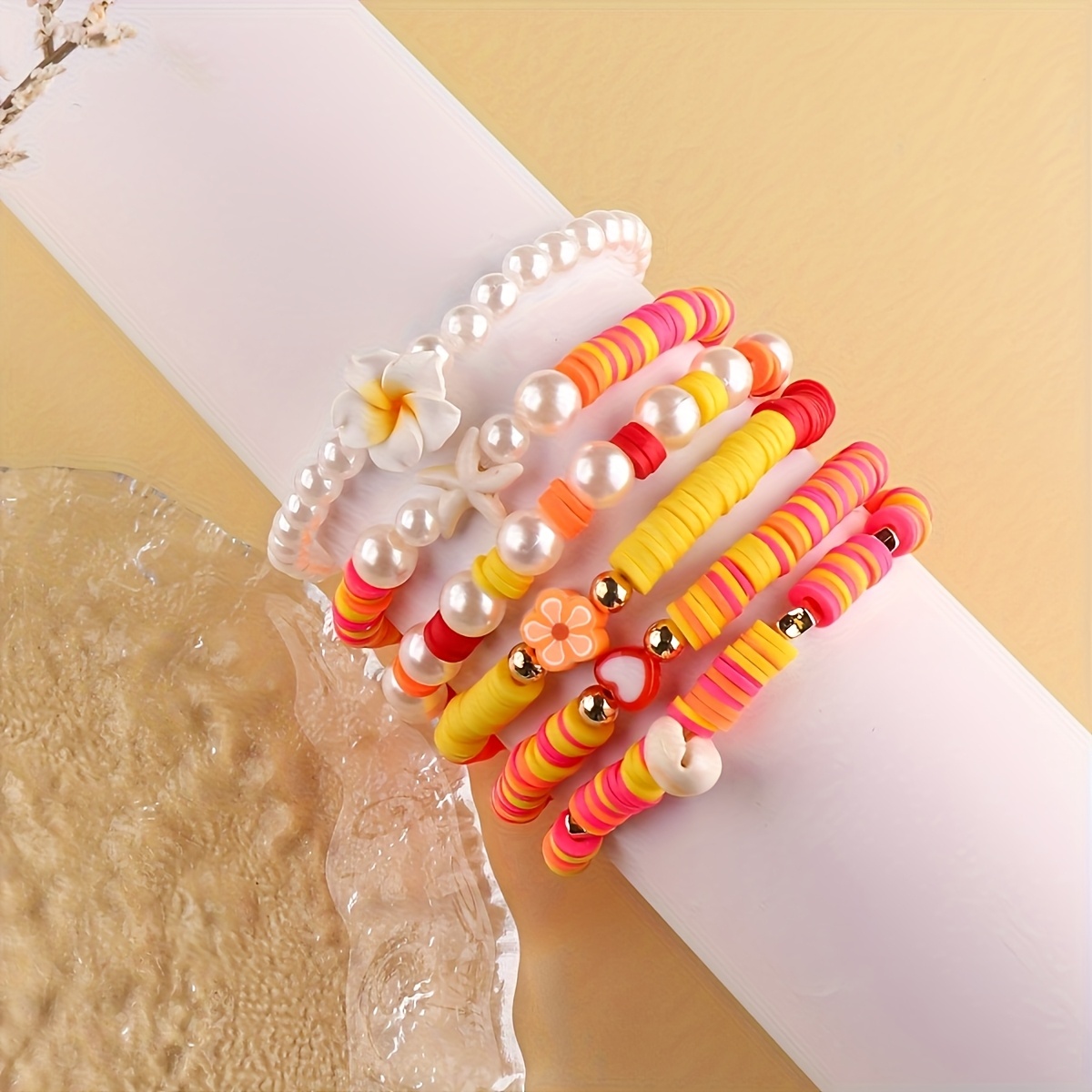 Boho Frangipani Turtle & Starfish Bracelet Set, Beach Themed Jewelry