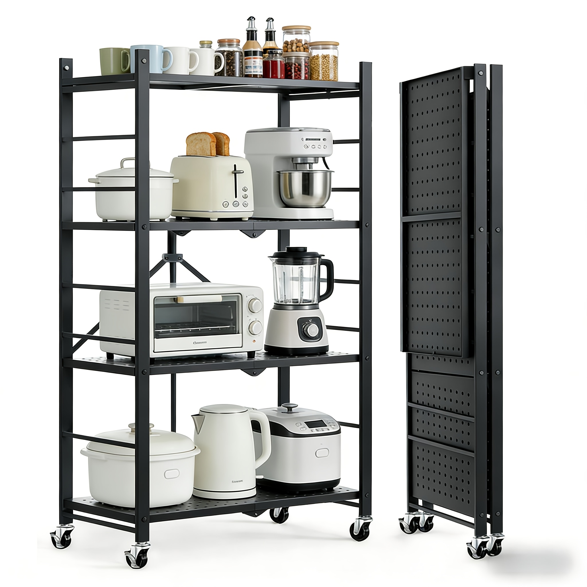4-tier Foldable Storage Shelf, Folding Pantry Rack With Wheels, Golden Metal Shelving Storage Rack, For Kitchen Garage Home, No (white, Black), Standing Shelf
