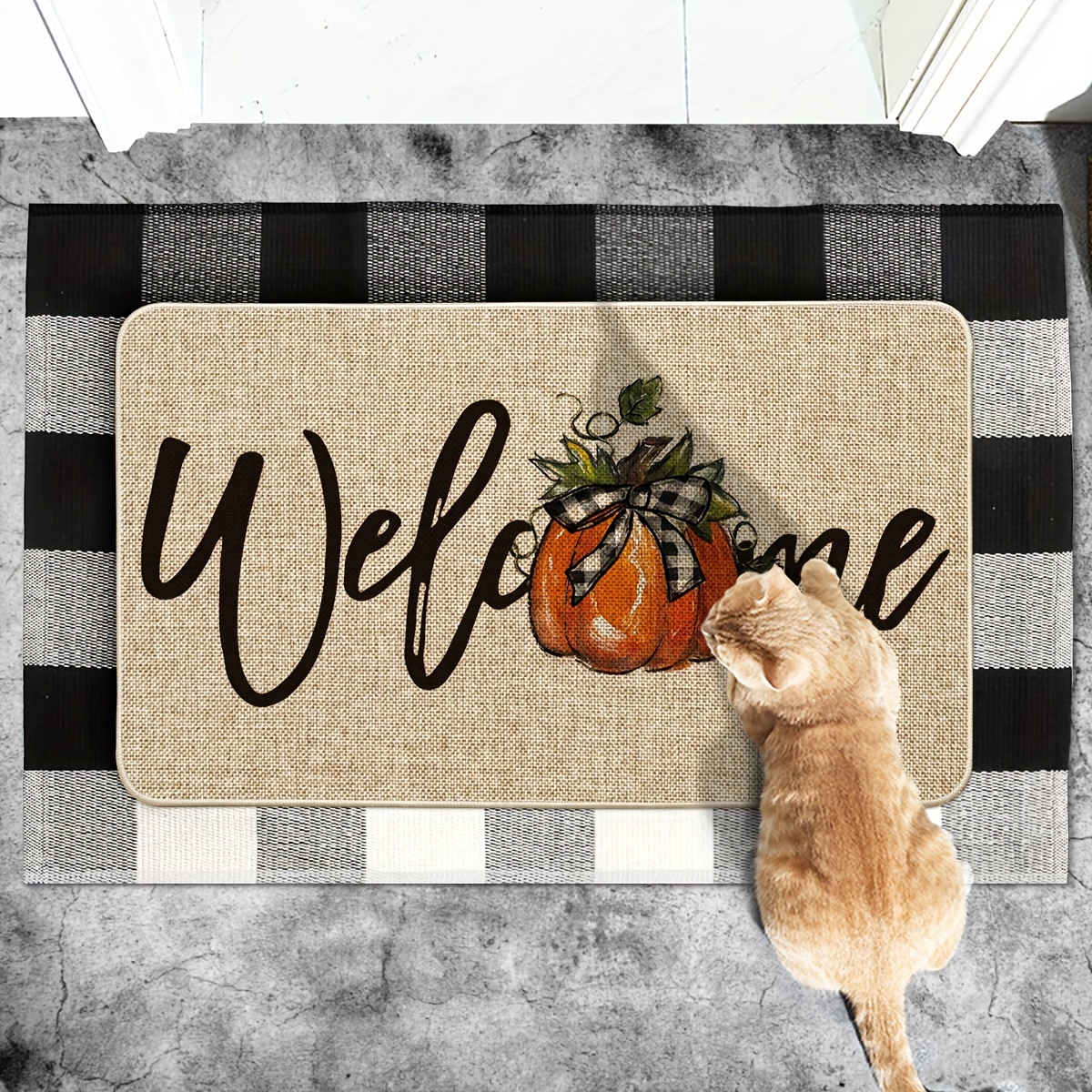 

Sm:) Tie Pumpkin Fall Welcome Doormat, Autumn Home Decor Low-profile Switch Rug Door Mat For Indoor Outdoor