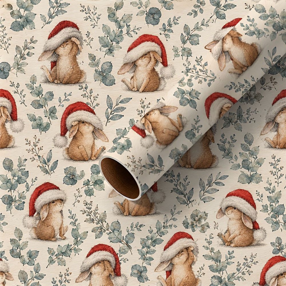 TEMU 1 Rolle Geschenkpapier mit niedlichem Weihnachts-Hasen-Druck, geeignet für Weihnachten, Halloween, Geburtstag, Geschenkverpackung