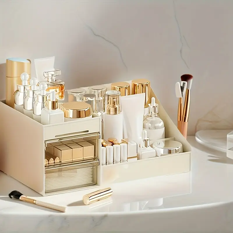 large cosmetic storage box with drawers suitable for bathroom organization used for perfumes creams skincare products makeup brushes and beauty tools polished multi compartment design durable space saving vanity organizer sturdy structure high quality plastic material essential for skincare enthusiasts Product details 3