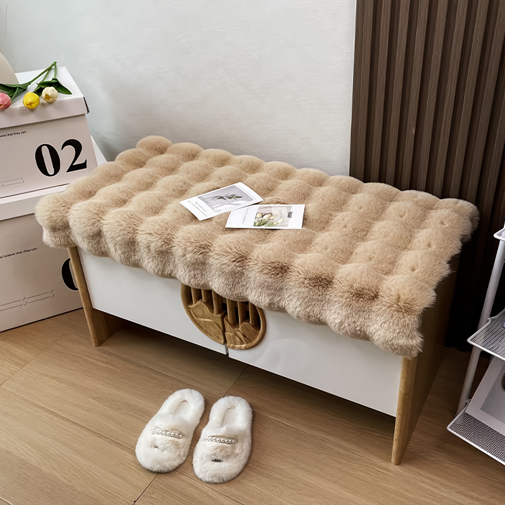 TEMU 1pc, Cream-style Faux Rabbit Bubble Plush Cushion, Shoe Bench Seat Cushion, Plush Seat Pad, Entryway Bench Seat, Shoe Cabinet Mat, Chair Pad,