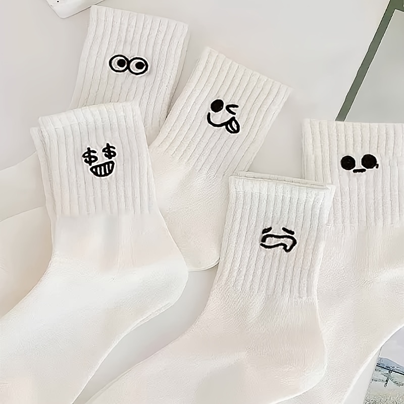 White 5-Pair Pack Cartoon Mid-Calf Socks, Unisex All-Season