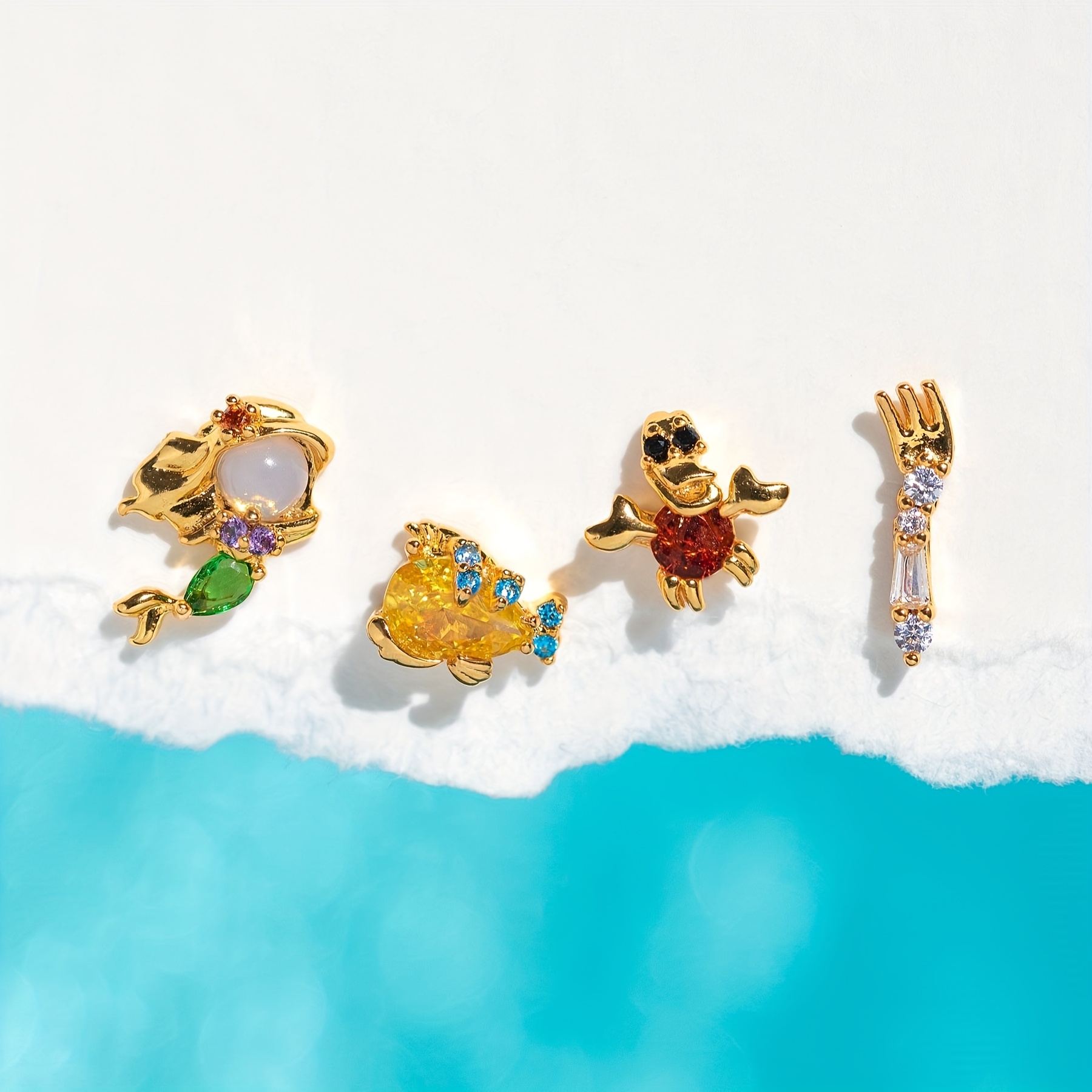 TEMU 1 Set/4pcs - Fairy Tale Series Crab Small Fish Women's Earnail Set, Inlaid With Colorful Synthetic Synthetic Zirconia Exquisite Low Sensitivity