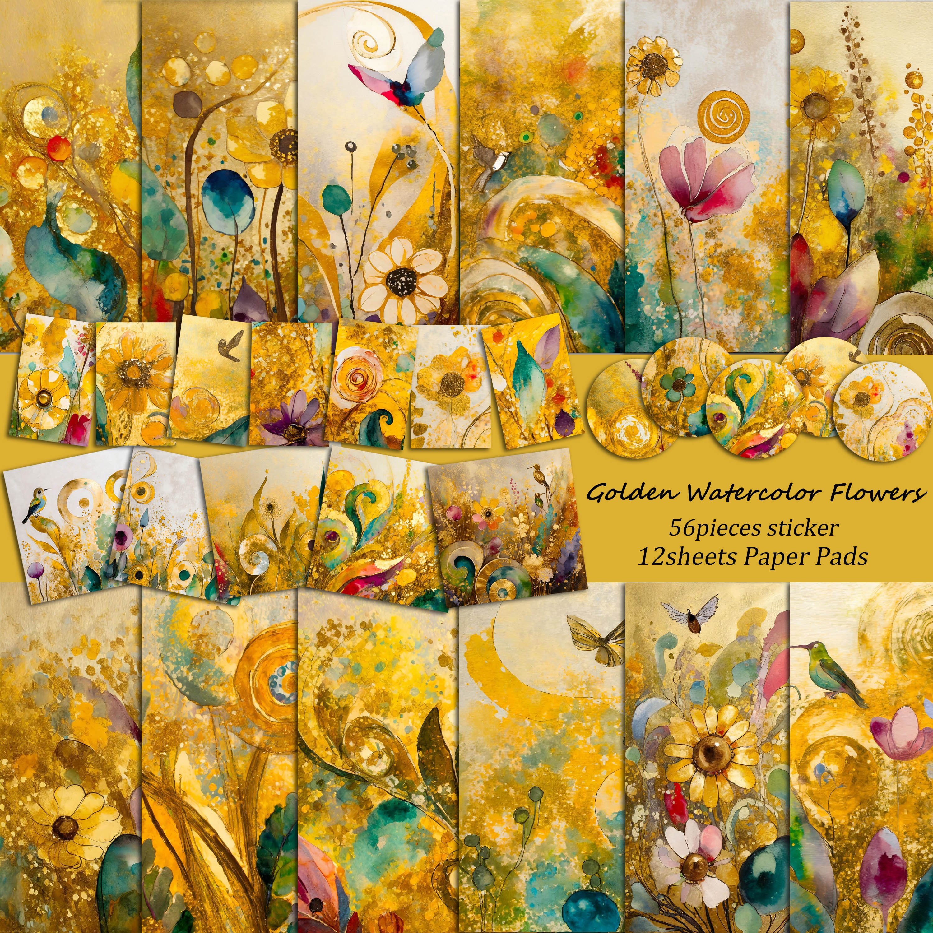 

68pcs(12paper Pads+56stickers) Golden Watercolor Flowers Diy Scrapbook Set, Perfect For Mini Gift Packaging, Bullet Journals, Arts Crafts, Scrapbooking Supplies, Junk Journal, Greeting Card