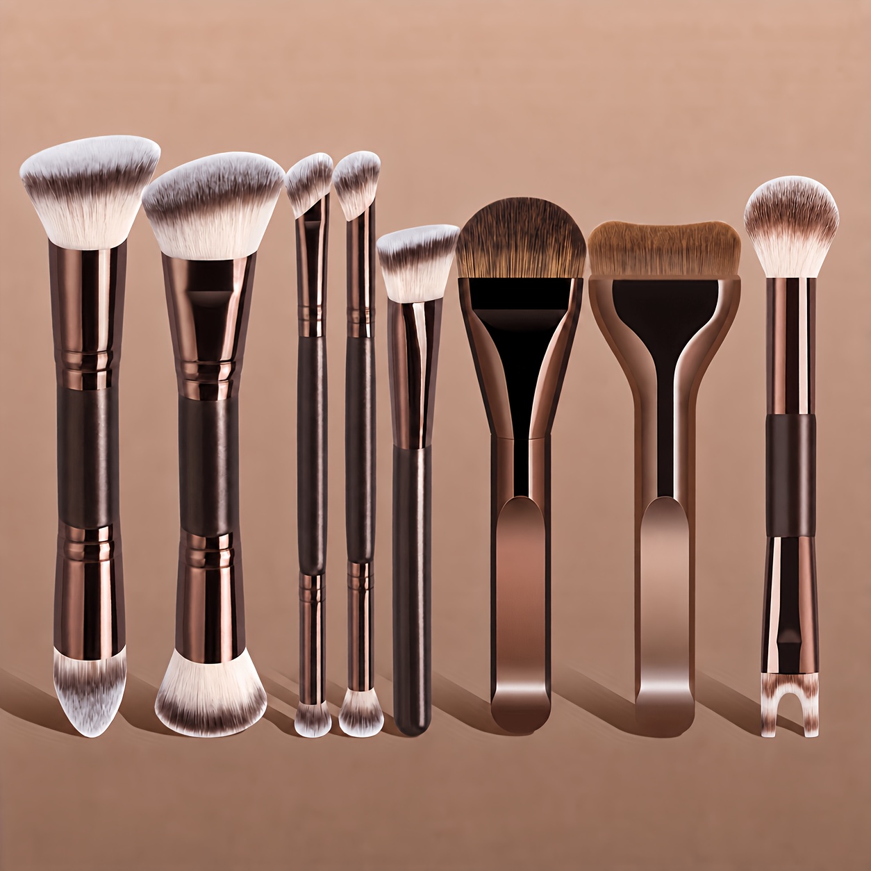 TEMU 8pcs Brown Series Professional Makeup Tool Set, Soft And Skin-friendly Bristles, Foundation Brush, Detail Brushes, Eye Shadow Brushes, Blush