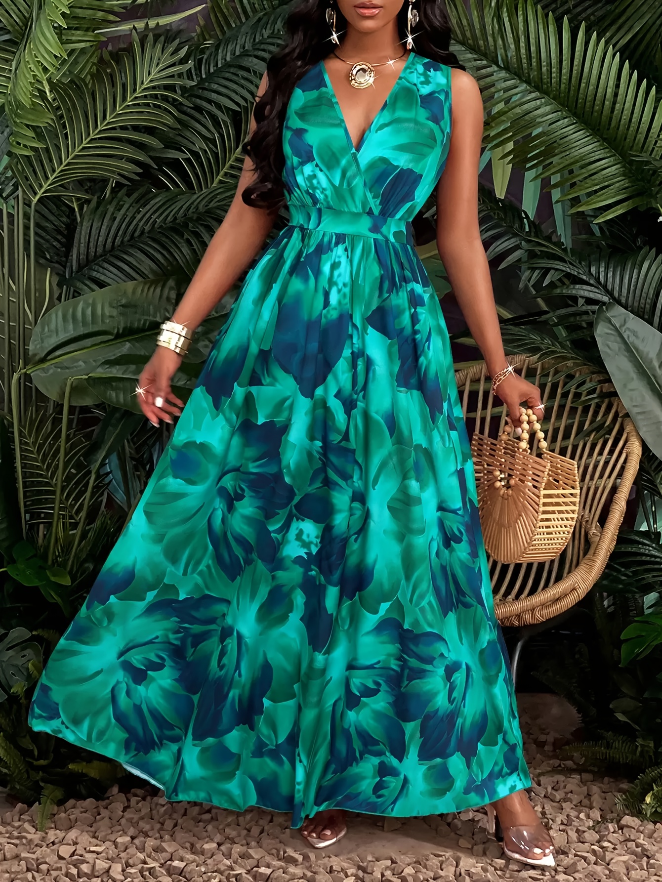 green emerald velvet dress CUPSHE Women's V Neck Floral Dress Short Sleeve Elastic Waist Split Hem  Tropical Maxi Summer Dresses, Black S at Amazon Women's Clothing store main image 0
