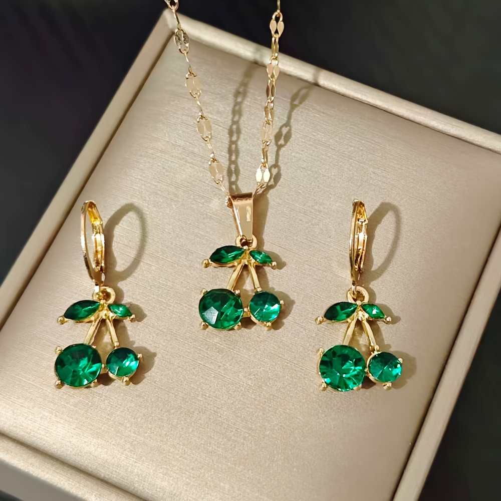 E-shop 1 Set Niedliches Kirsch-Halsketten- und Ohrring-Set, modisches grünes Design, geeignet für Damen und Herren als Alltagskleidung und Geschenk