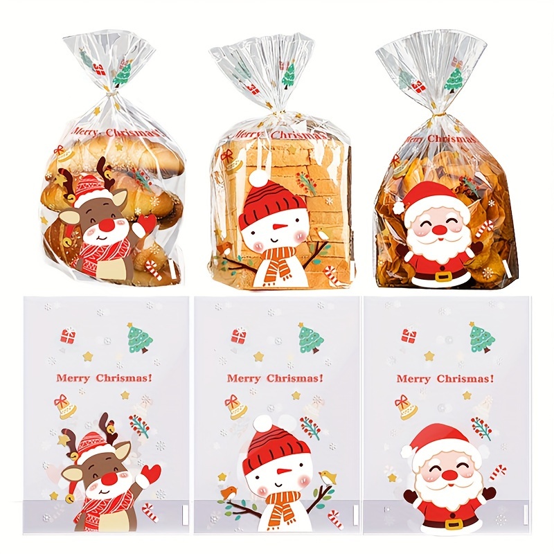 Image of 50pcs Christmas Treat Bags With Cute Snowman, Reindeer & Santa Designs - Transparent Gift Pouches For Holiday Party Favors