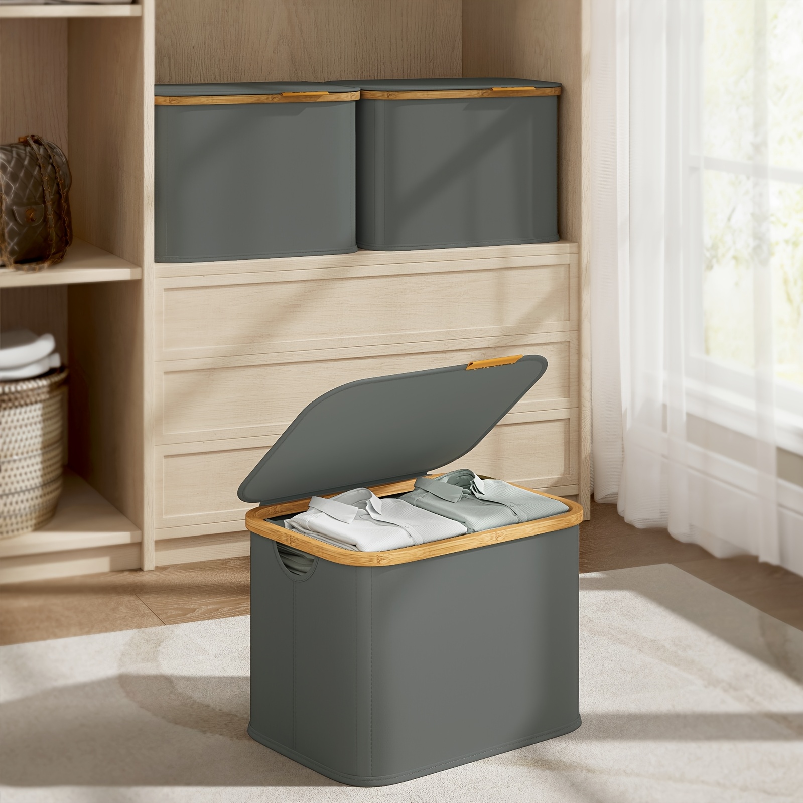 TEMU Cesta de ropa sucia plegable con , estructura de bambú, 40 L, 42 x 32 x 30 cm, , cestas de lavandería