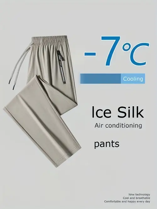 mens ice silky cooling casual pants breathable straight leg summer shorts with adjustable drawstring waist zipper pockets for outdoor sports gym and casual solid smooth texture fabric