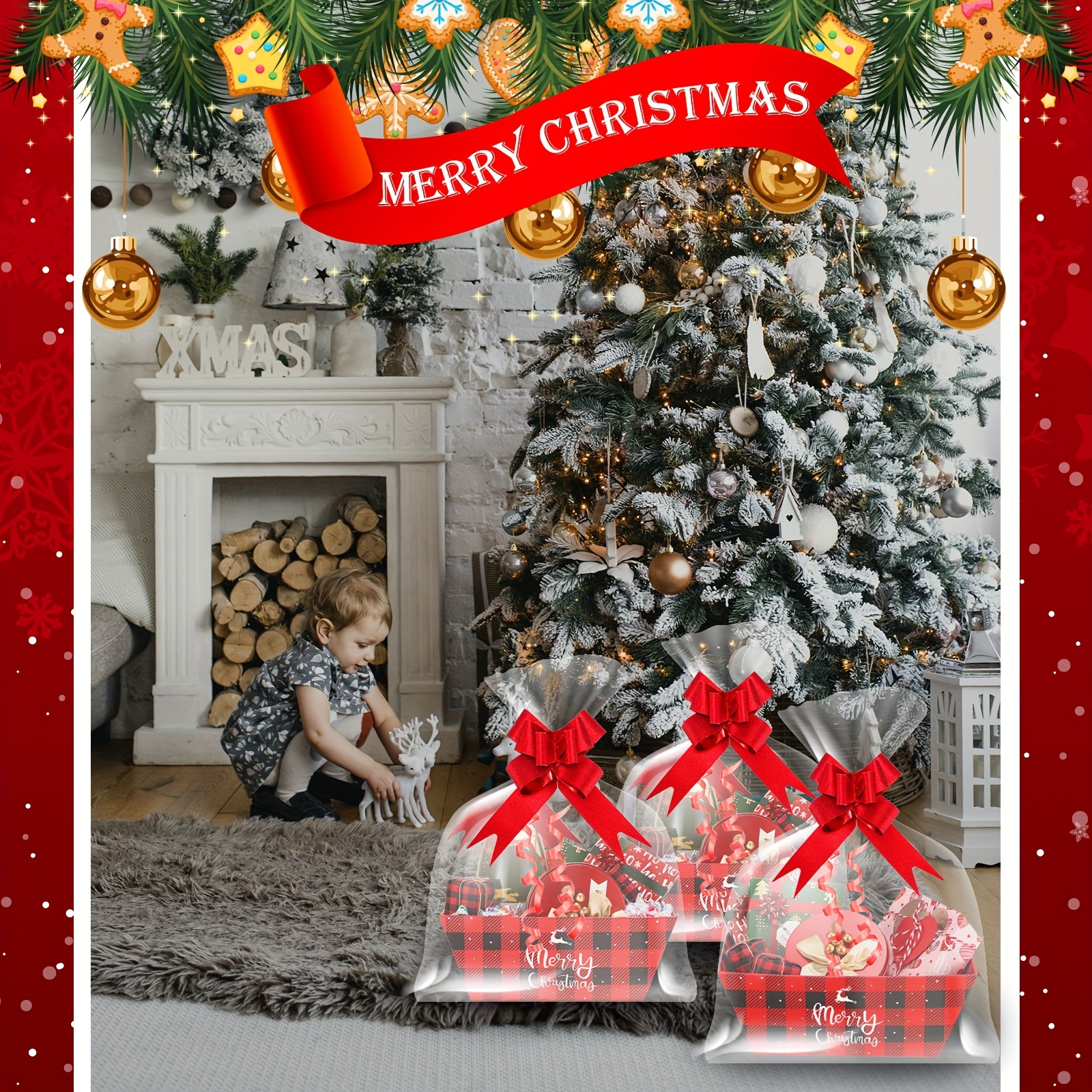 36pcs Bulk Christmas Gift Basket Set - Sturdy Cardboard Baskets with Red Buffalo Plaid & Pull Bows (12 Baskets + 12 Bows) Large Holiday Boxes for Xmas Stocking Stuffers, Party Favors, Corporate Gifts - Easy Assembly