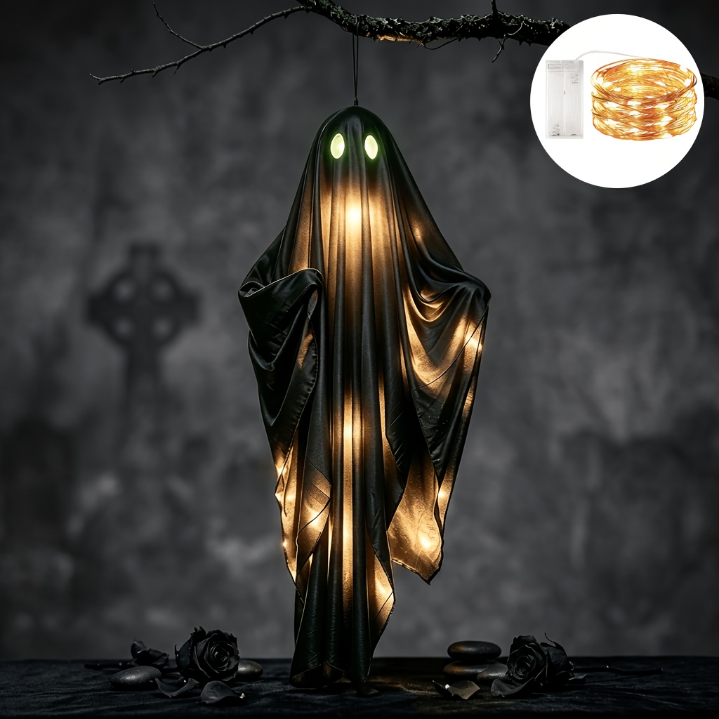 TEMU 1 Set (2pcs) Halloween Warm White Led Fairy String Lights With Black Hanging Decoration, 100cm/39.4inch Black   Led String Lights, Aa Battery