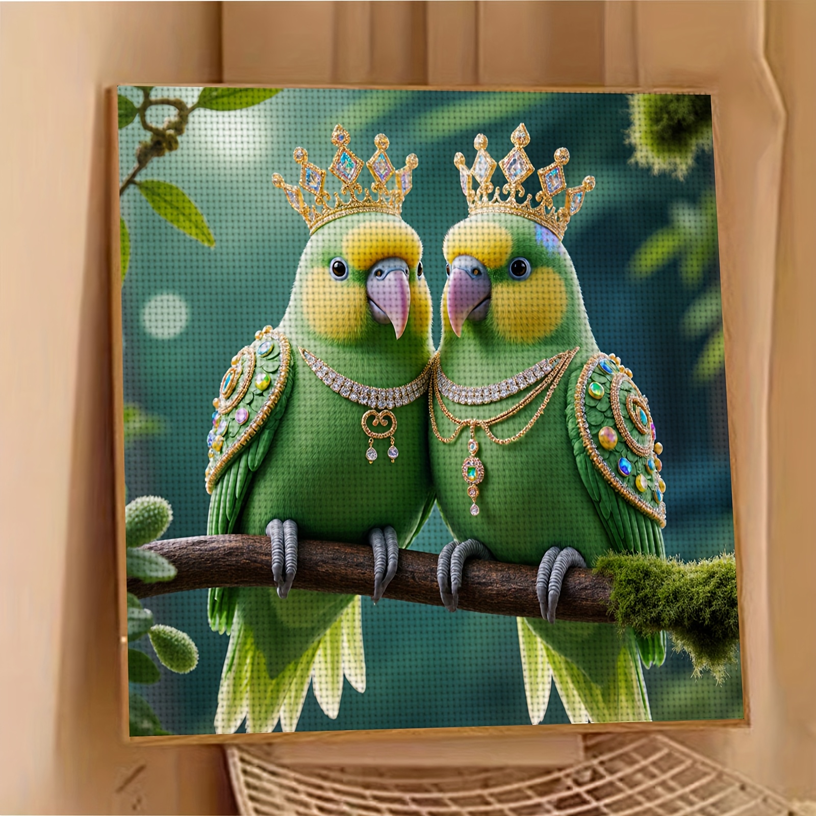 Frameless 11CT Printed Fabric Cross-Stitch Kit, Two Parrots Wearing Crowns
