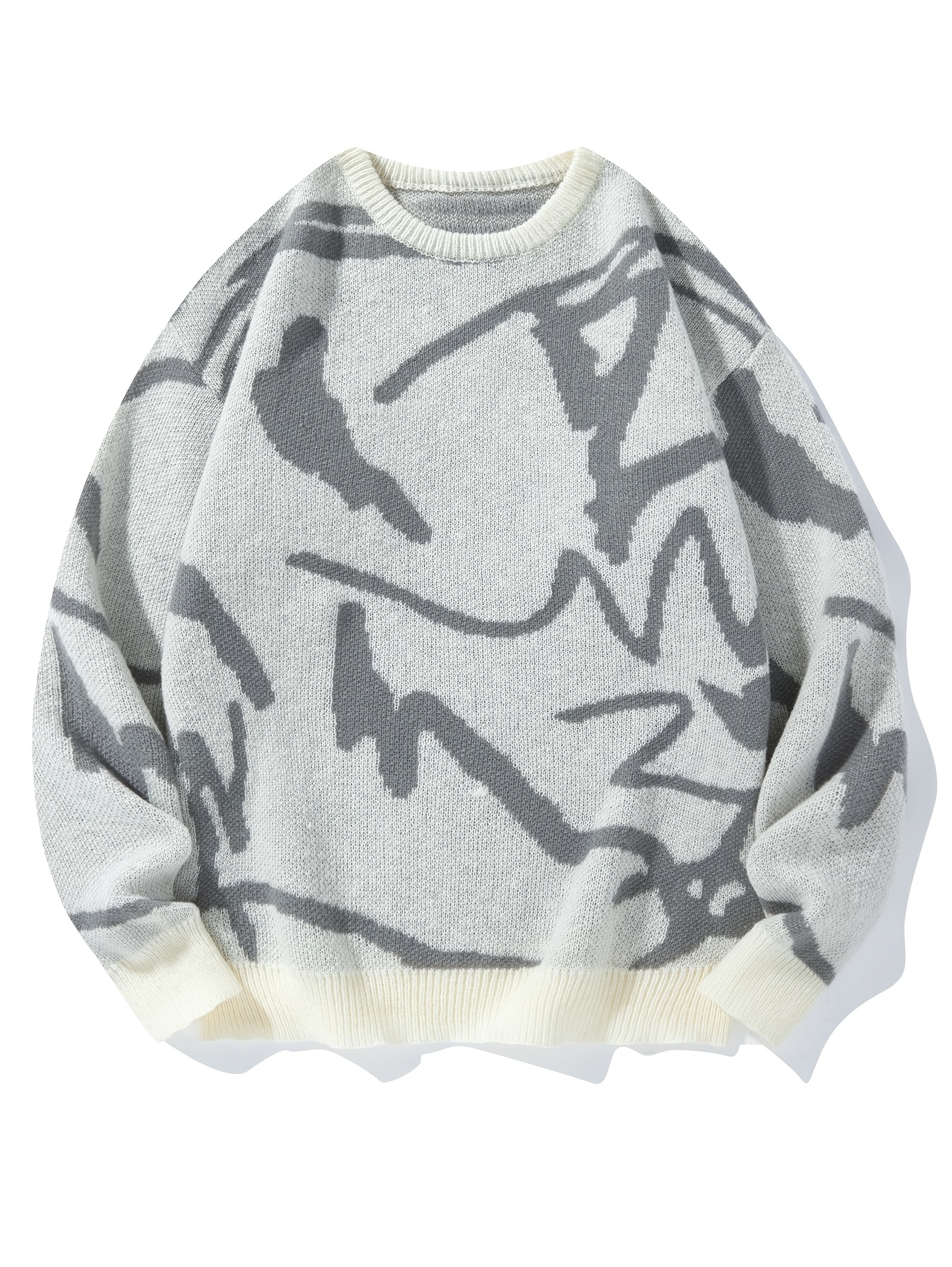  obm mens geometric print pullover sweater drop shoulder casual long sleeve round neck knit top with ribbed detailing autumn   regular fit for casual attire white 0