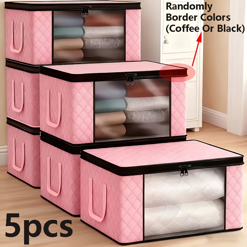 TEMU 5pcs Send Border Colors Foldable Storage Boxes With A Window For Visibility, Featuring Zippers And Lids, Reinforced Handles, Organizing Bedding,