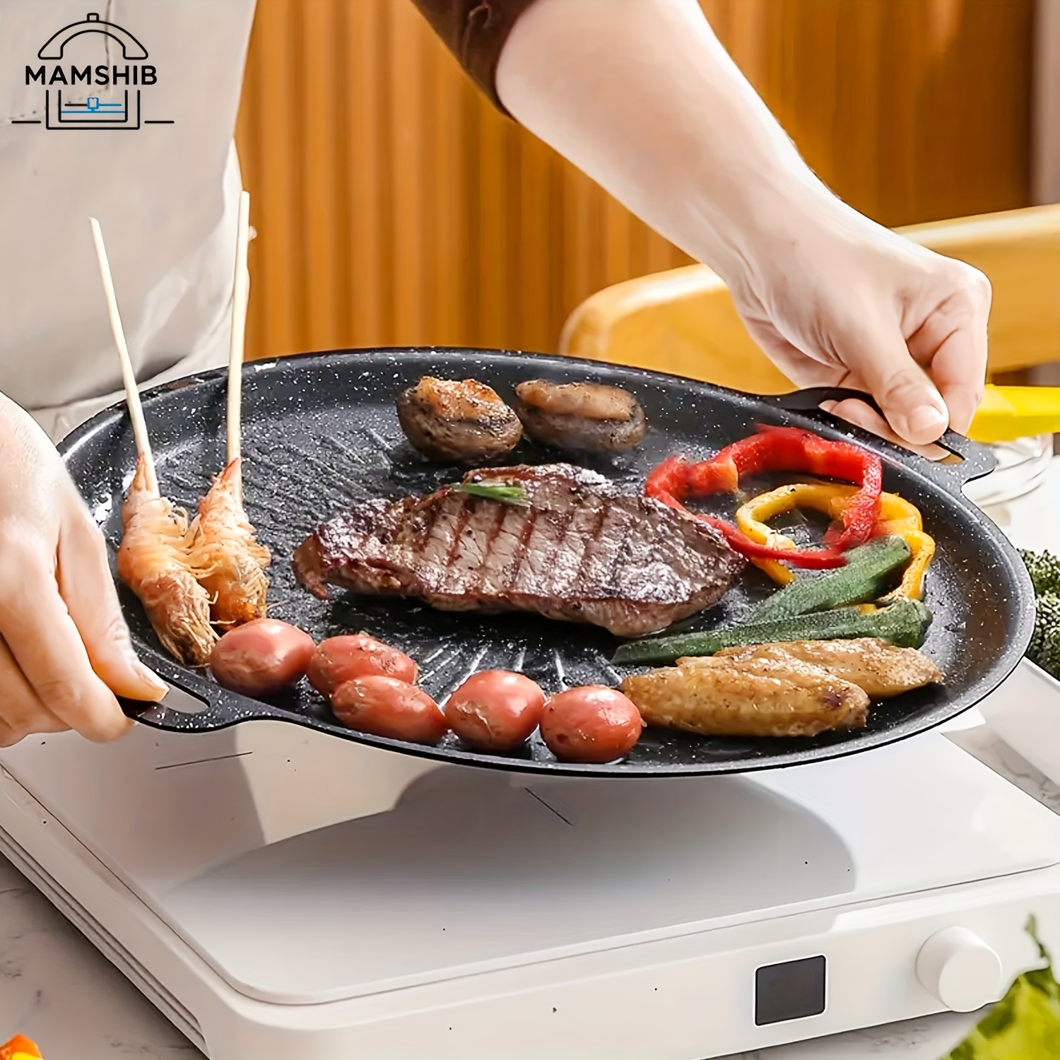 MAMSHIB Non-Stick BBQ Grill Pan - Iron Roast Steak & Vegetable Skillet with Multi-Functional Ridged Surface Design, Perfect for Grilling Shrimp, Chicken, Seafood, and Meat, Ideal for Indoor & Outdoor Cooking, Versatile Cooking Pan | Modern Kitchenware | Durable Cooking Surface, BBQ Grill Accessories