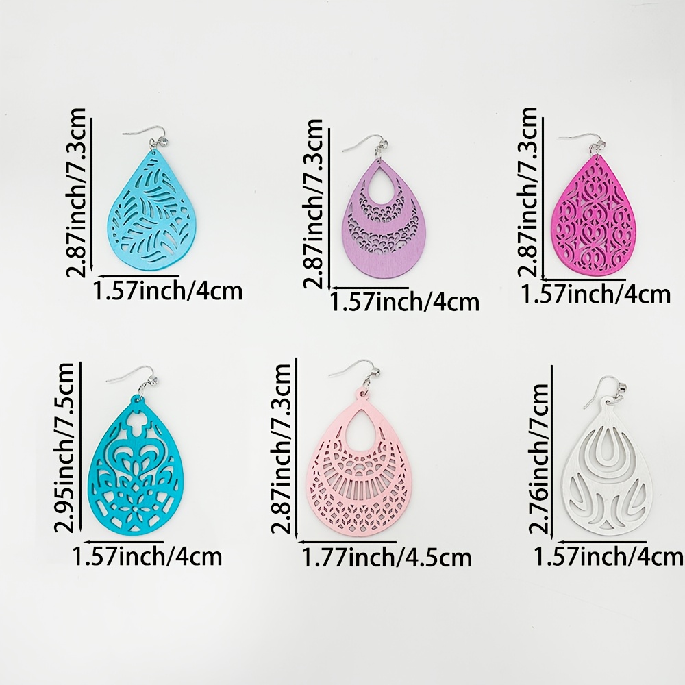 6 Pairs Ethnic Style Wooden Hollow Pendant Earrings Set