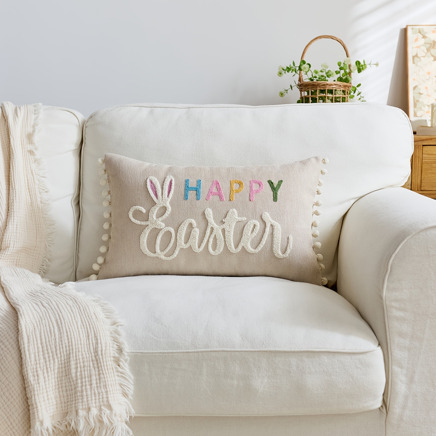 TEMU 1 pièce, Housse de Coussin de Pâques en Chenille, Housse de Coussin Lapin de Pâques, Housse de Coussin Joyeuses Pâques, Broderie Unilatérale,