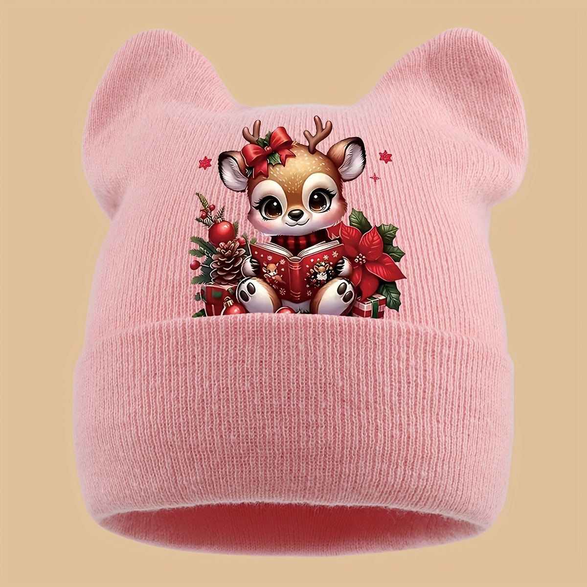 TEMU 1pc Christmas Printed Cat Ear Hat With Reindeer Print, Perfect For Christmas Parties And Friend Gatherings. Thick Winter Ear-protecting Brimless