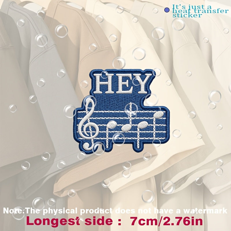 TEMU Blue Musical Note And Treble Clef Patch With White Text "hey" And Musical Notes, Heat Transfer Stickers Are Suitable For Flat Fabrics Such ,