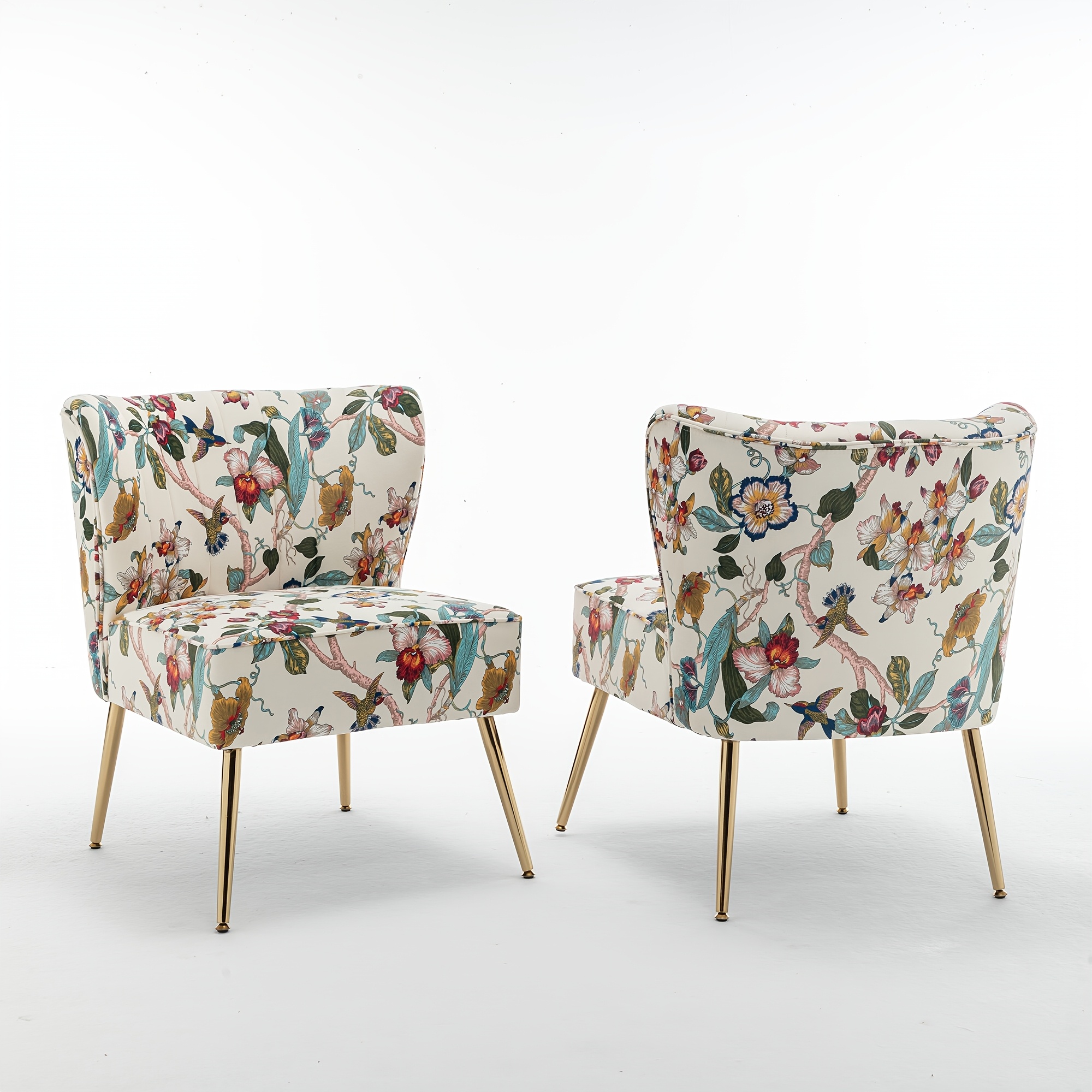 Armless Accent Chair with Golden Metal Legs, Modern Comfy Tufted Living Room Chair, Velvet Upholstered Floral Side Chair, Mid Century Slipper Chair for Bedroom, Flower Print