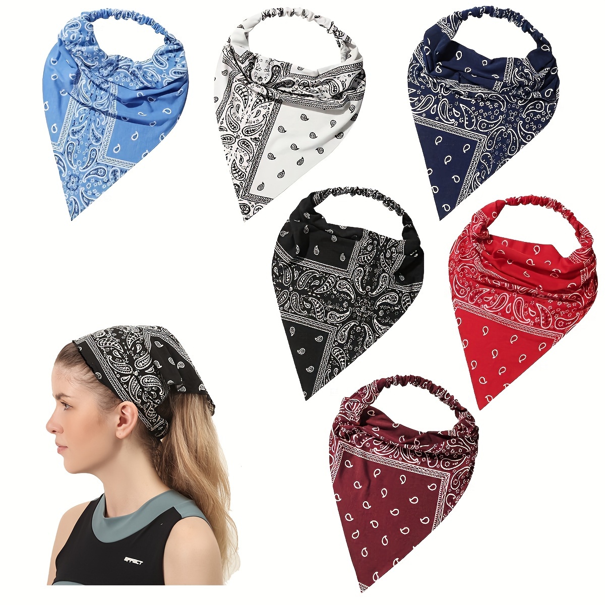 

6pcs Boho Paisley Print Triangle Scarf Headband - Elastic Turban For Women - Stylish Bandana Head Wrap Kerchief Accessory