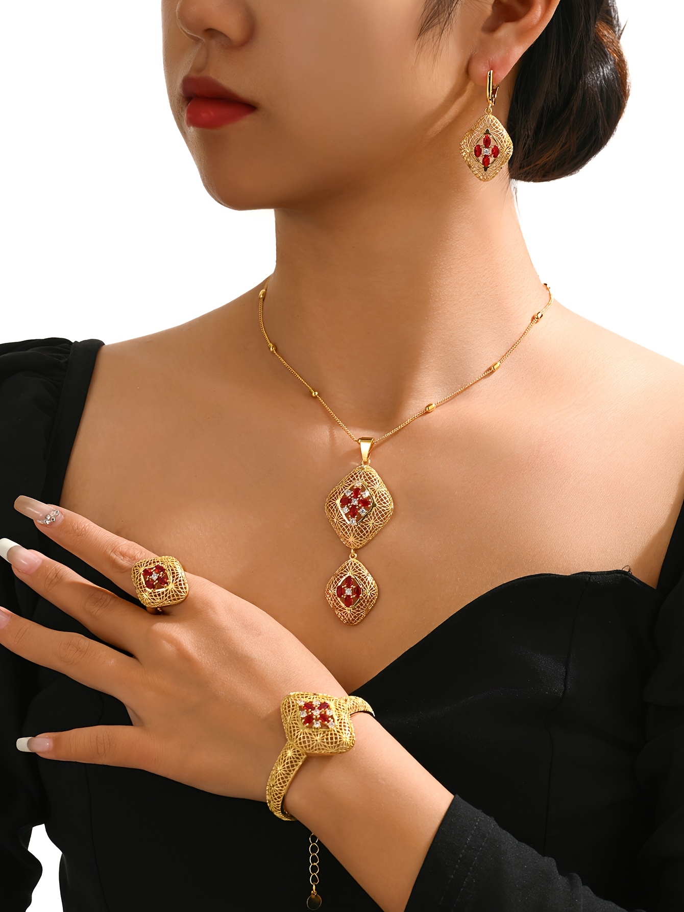 middle eastern   style luxurious jewelry set from dubai   necklace earrings bracelet and ring made of brass with plating   eid gifts details 0