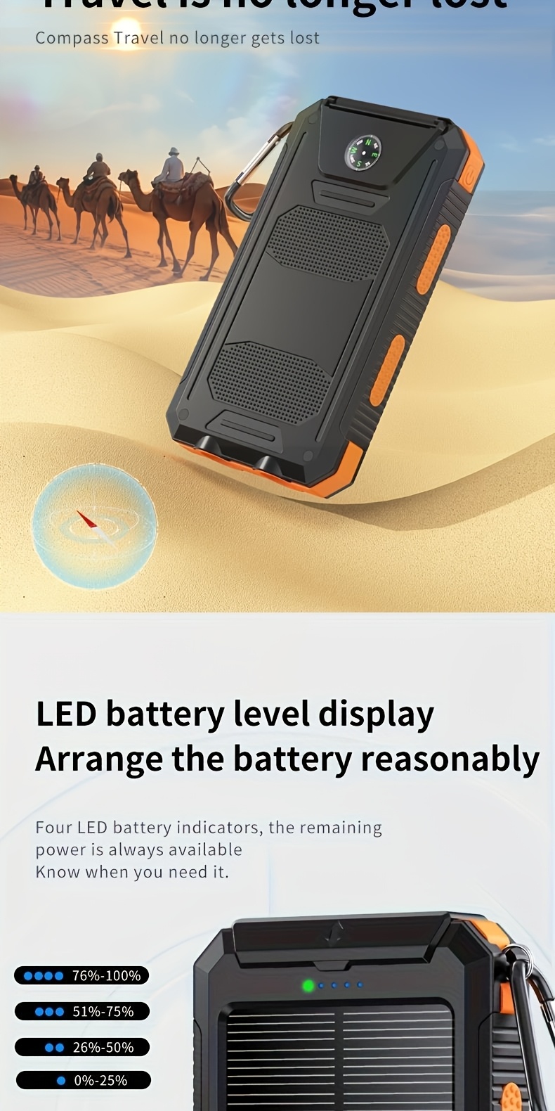 10000mah 5v2a fast charging multifunctional solar panel power bank with   led light large capacity rechargeable portable mobile phone charger dual flashlights dual usb port outdoor travel must have battery packs usb c ouput input for iphone   Product details 4