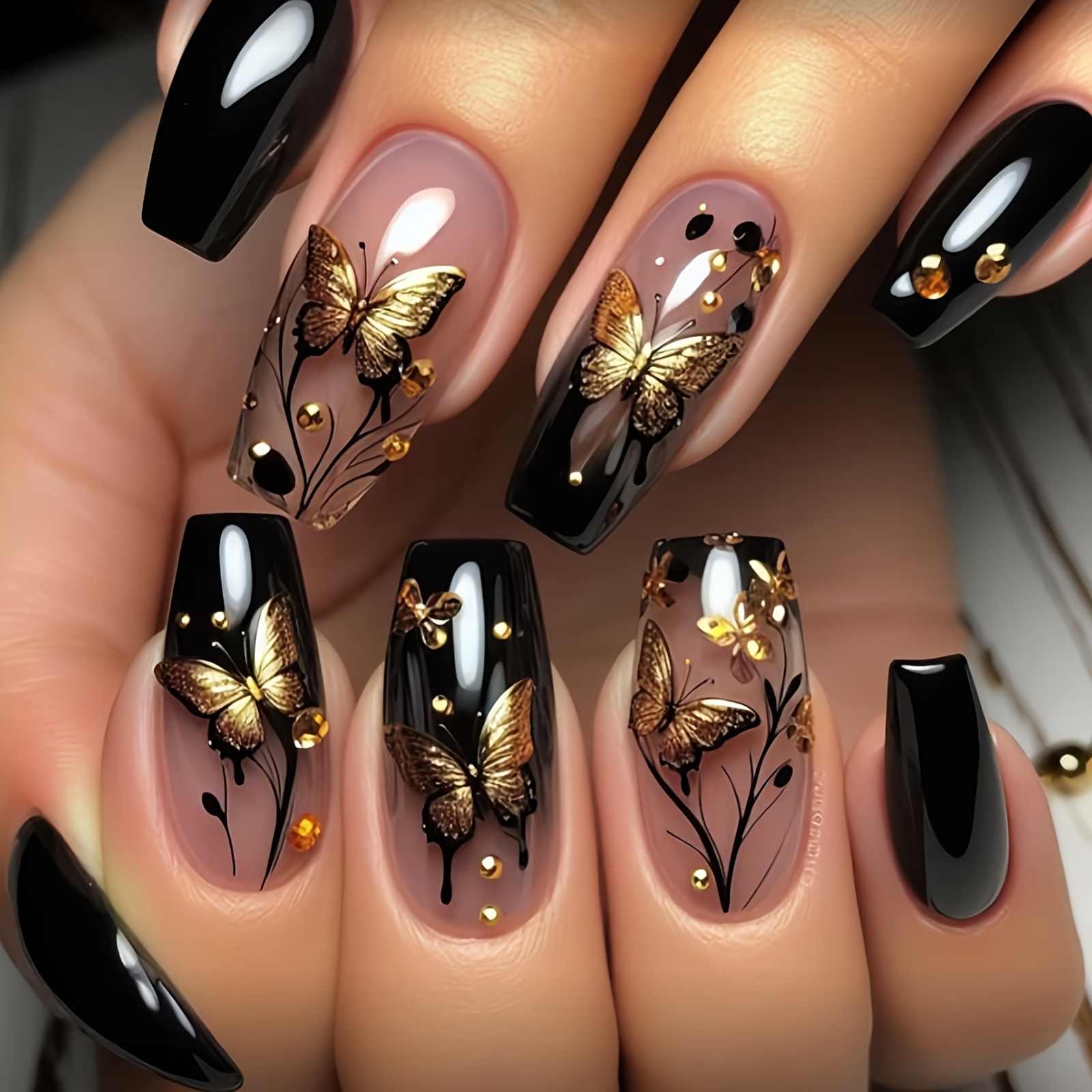 TEMU 24pcs 24pcs Press-on False Nails Suitable For Women's Full-coverage Medium-length With Golden Powder, & Decorations, Glossy Finish For Mardi Gras Parties, Nail Art For Daily Wear & , Long-lasting