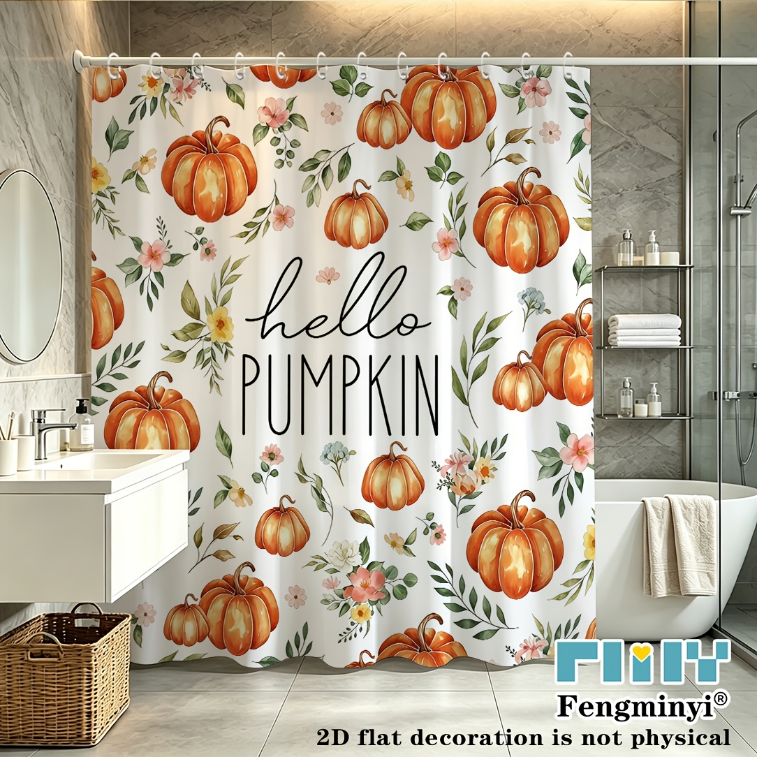 TEMU 2d Flat, 2d Curtain 1pc, Pumpkin Floral Shower Curtain, Fall Eucalyptus Leaves Pink Curtain, Autumn Thanksgiving Bathroom Bath Decor Curtains