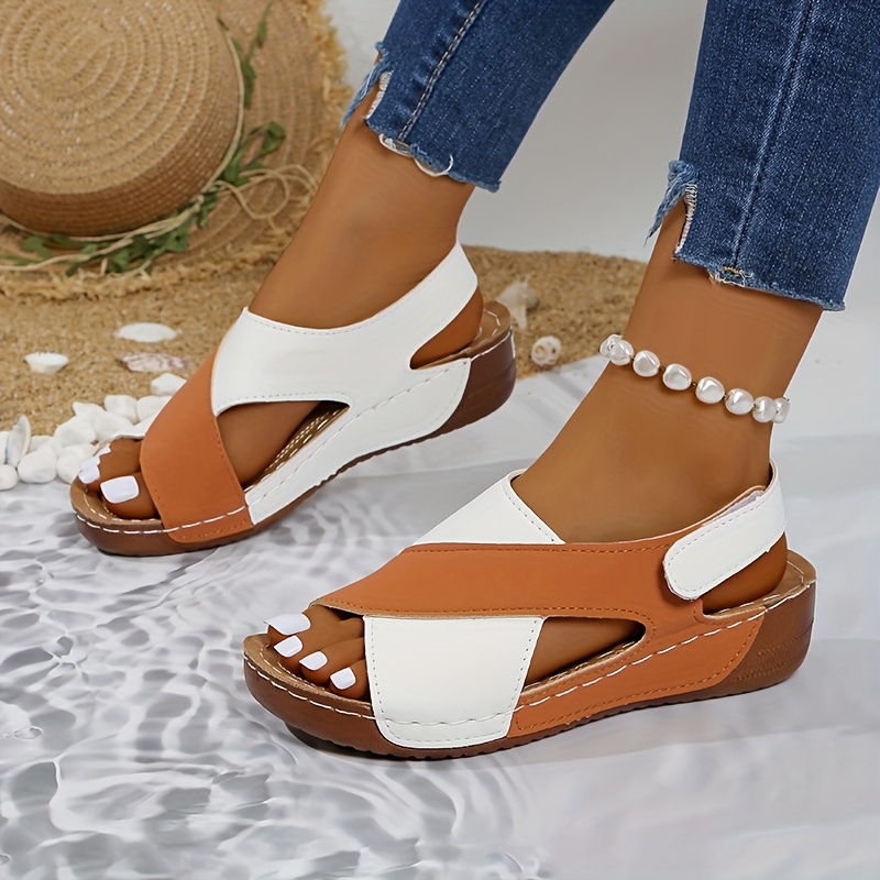 Women's Two-Tone Wedge Sandals - Open Toe, Chunky Heel, Faux Cover with Metallic Buckle Strap, Perfect for Beach, Party & Casual Outings, Beachwear Shoes | Durable Tpr Sole, Ladies Sandals