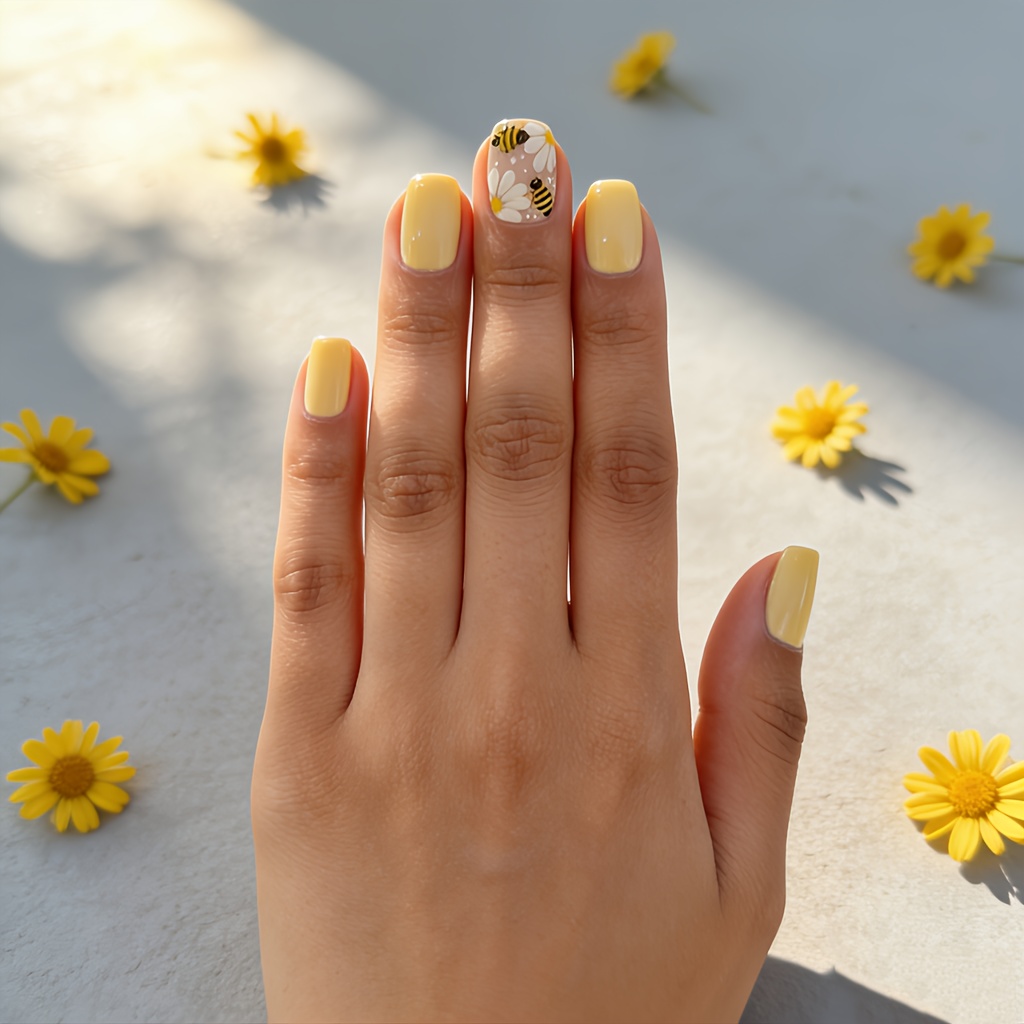 Yellow, Short, Square, 24pcs Nail Art Stickers, With And Flower Patterns, Detachable, Wearable Nails, Fake Nails, Handcrafted Nail Stickers, Gel Type, Press-on Fake Nails, Women's Fake Nails