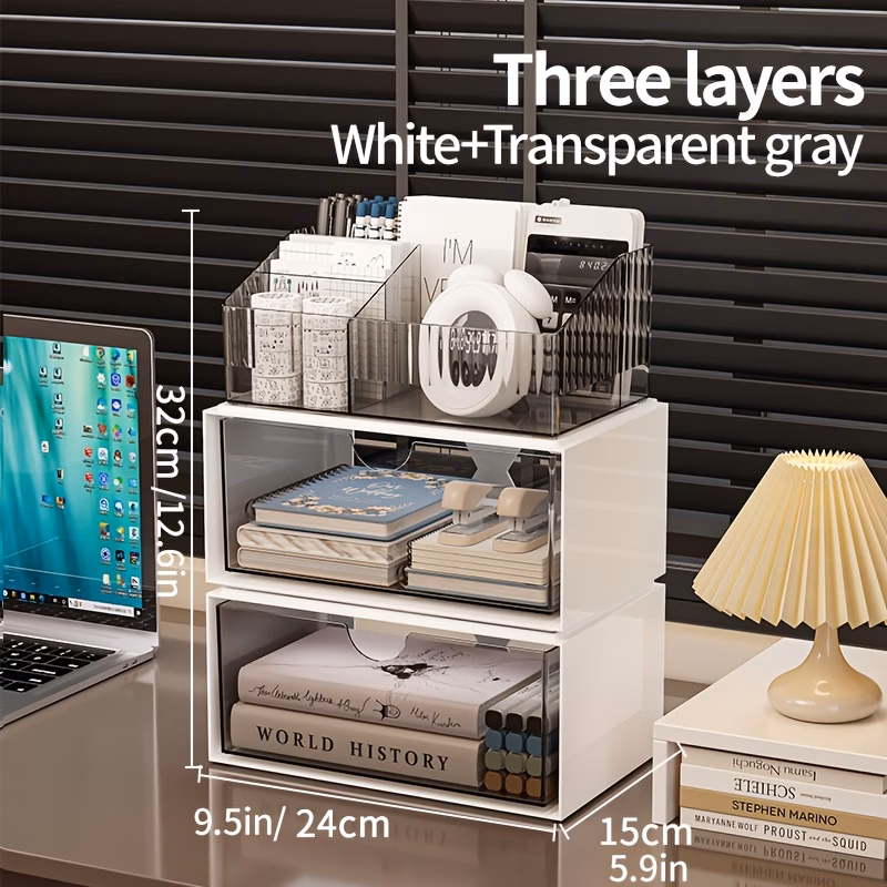 versatile use large capacity desk organizer with drawer multi layer transparent storage box for office supplies back to school organization Product details 0