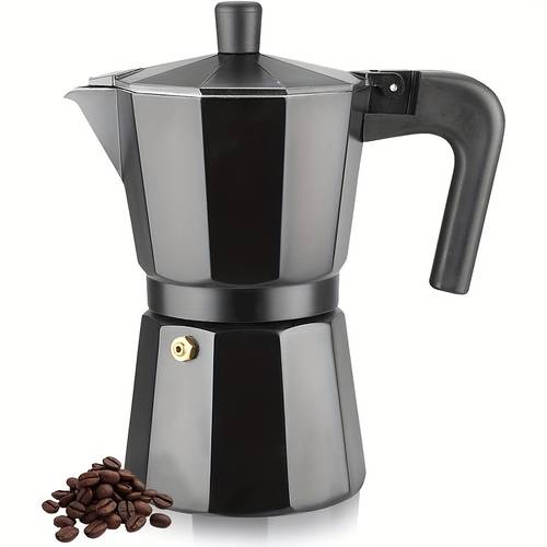 cup italian cuban coffee maker metal pot with black golden accents brewing for home cafes restaurants durable kitchen appliance coffee bar restaurant equipment sleek metallic sturdy