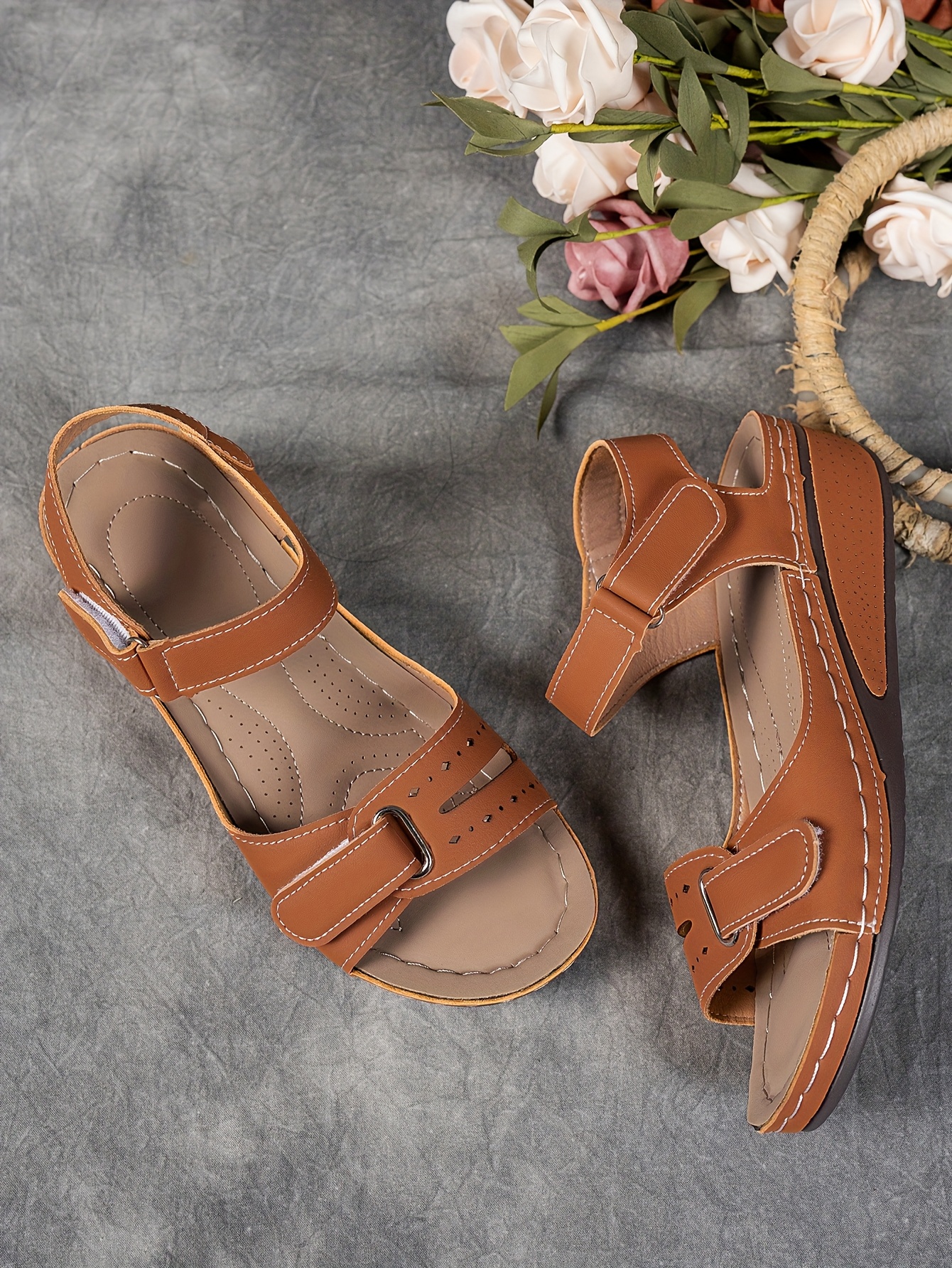   womens beige wedge sandals comfortable open toe platform shoes with adjustable ankle strap perforated design for   casual summer fashion strappy sandals Product details 6