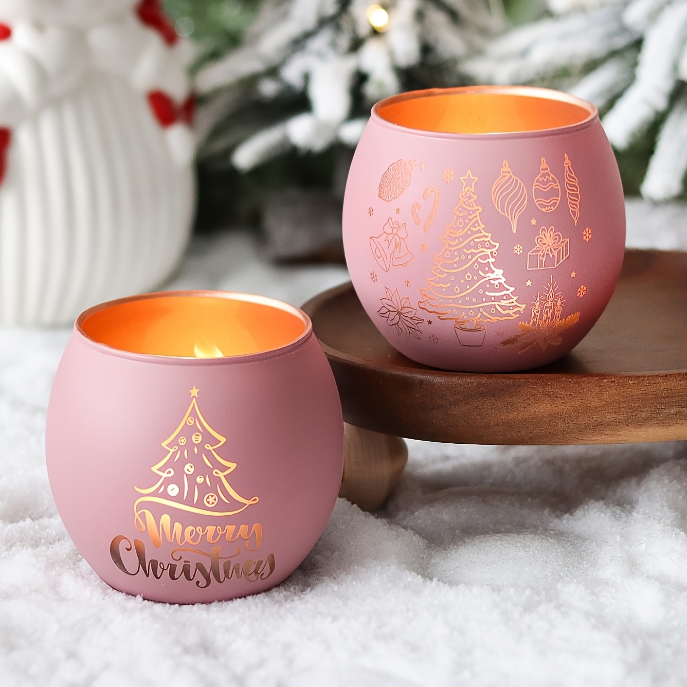 Image of Pink Christmas Trees Glass Candle Holders, 2pcs Christmas Ornament Set Artificial Tabletop Decor For Holiday Parties, Home Crafts, And Festive Gift , Christmas Decor, New Year Gifts