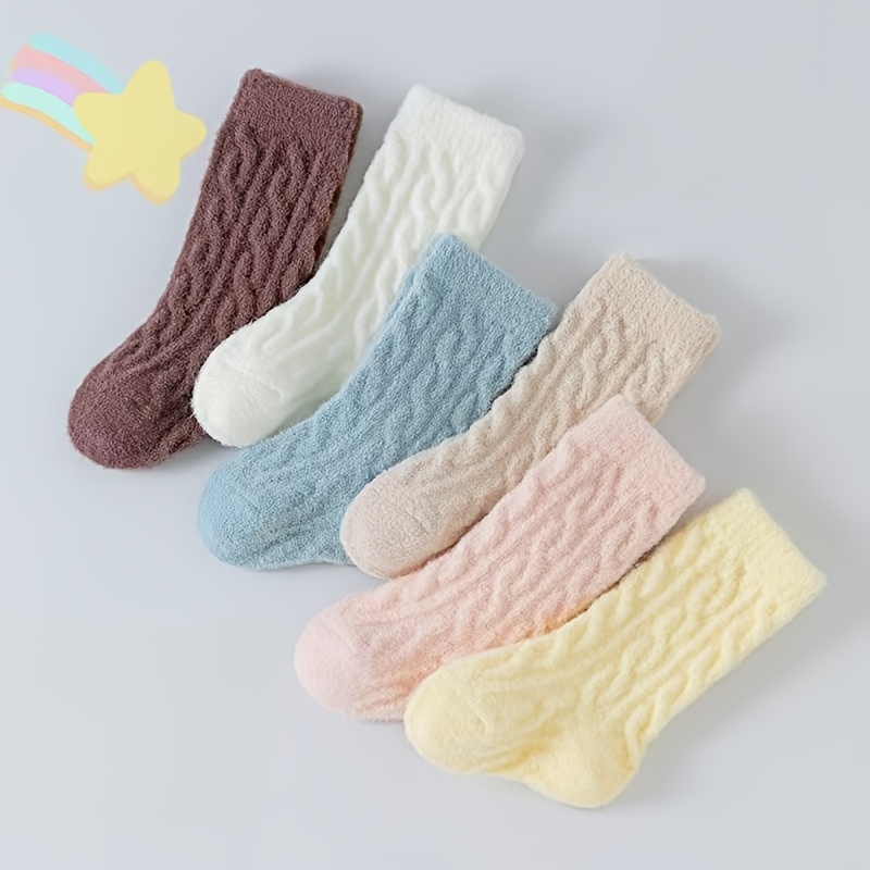 Image of 6/3 Pairs Baby Socks Winter Style Fleece Thickened Double-faced Velvet Solid Color Socks 0-3 Years Newborn Infant Boys And Girls Anti-cold Warm High-elastic Mid-calf Socks