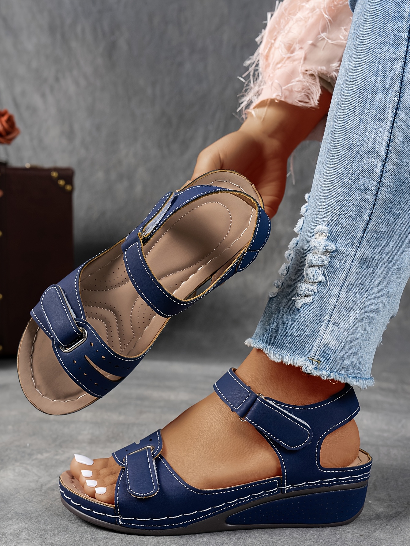   womens beige wedge sandals comfortable open toe platform shoes with adjustable ankle strap perforated design for   casual summer fashion strappy sandals Product details 32
