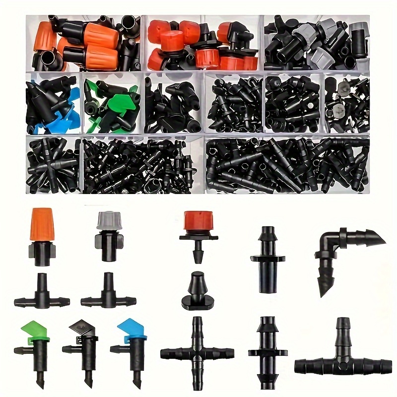 

204pcs, Drip Irrigation Barb Connector Kit, 1/4 Inch Universal Fit Plastic Garden Lawn Pot Irrigation Fittings With Sprayer Dripper Heads, Multi-functional Home Gardening Watering System Components