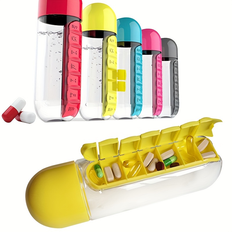 

1pc, 2 In 1 Sports Water Bottle With Pill Box, 600m/20.3oz Plastic Water Bottle With 7-day Pill Storage Organizer, Portable Travel Drinkware