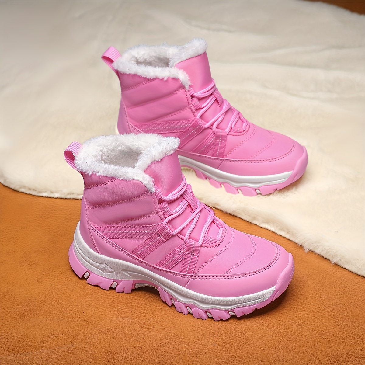 Pair Girls' Pink Winter Snow Boots Warm Fleece-Lined, Thick Sole for  Outdoor Sports Hiking, Cute *-Calf Lace-* with Furry Collar, Durable PU 