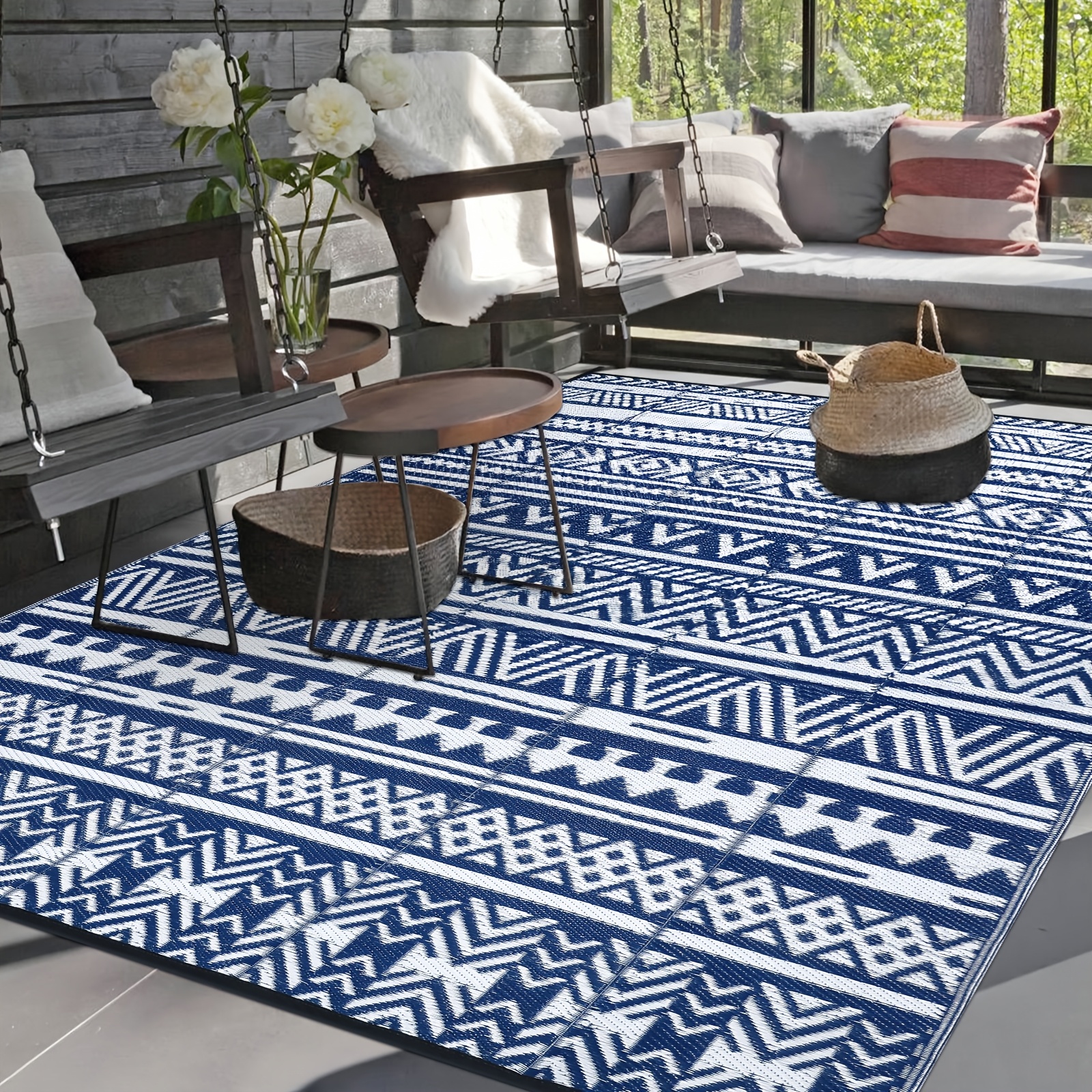 Image of Outdoor Rug 180x270cm Balcony Mat Washable Picnic Blanket Reversible Uv Resistant Plastic Straw Outdoor Rug For Patio Pool, Blue