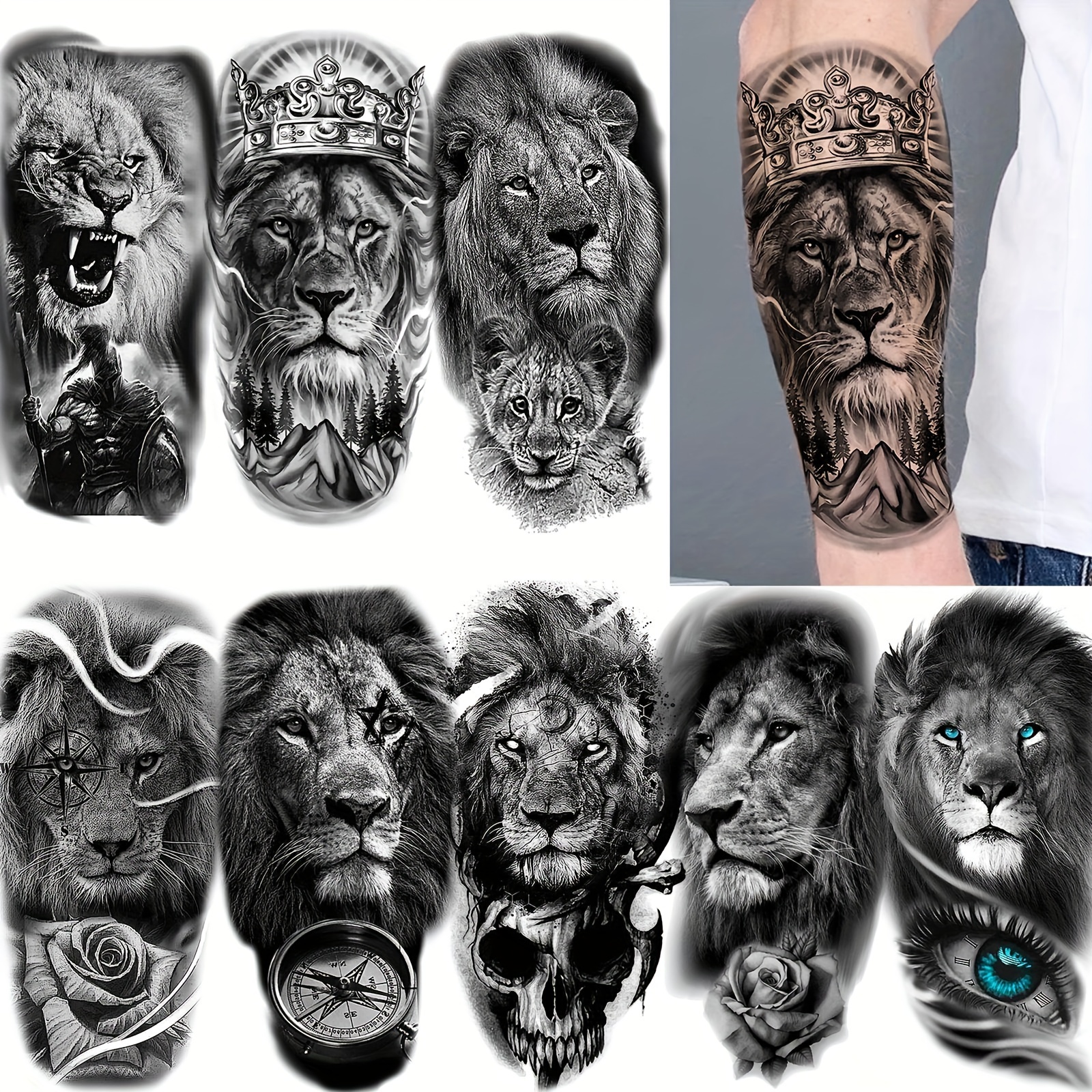 

8-piece Realistic Black & Lion Temporary Tattoos - Waterproof, Long-lasting Body Art Stickers For Men & Women, Perfect For Halloween Makeup & Party Favors