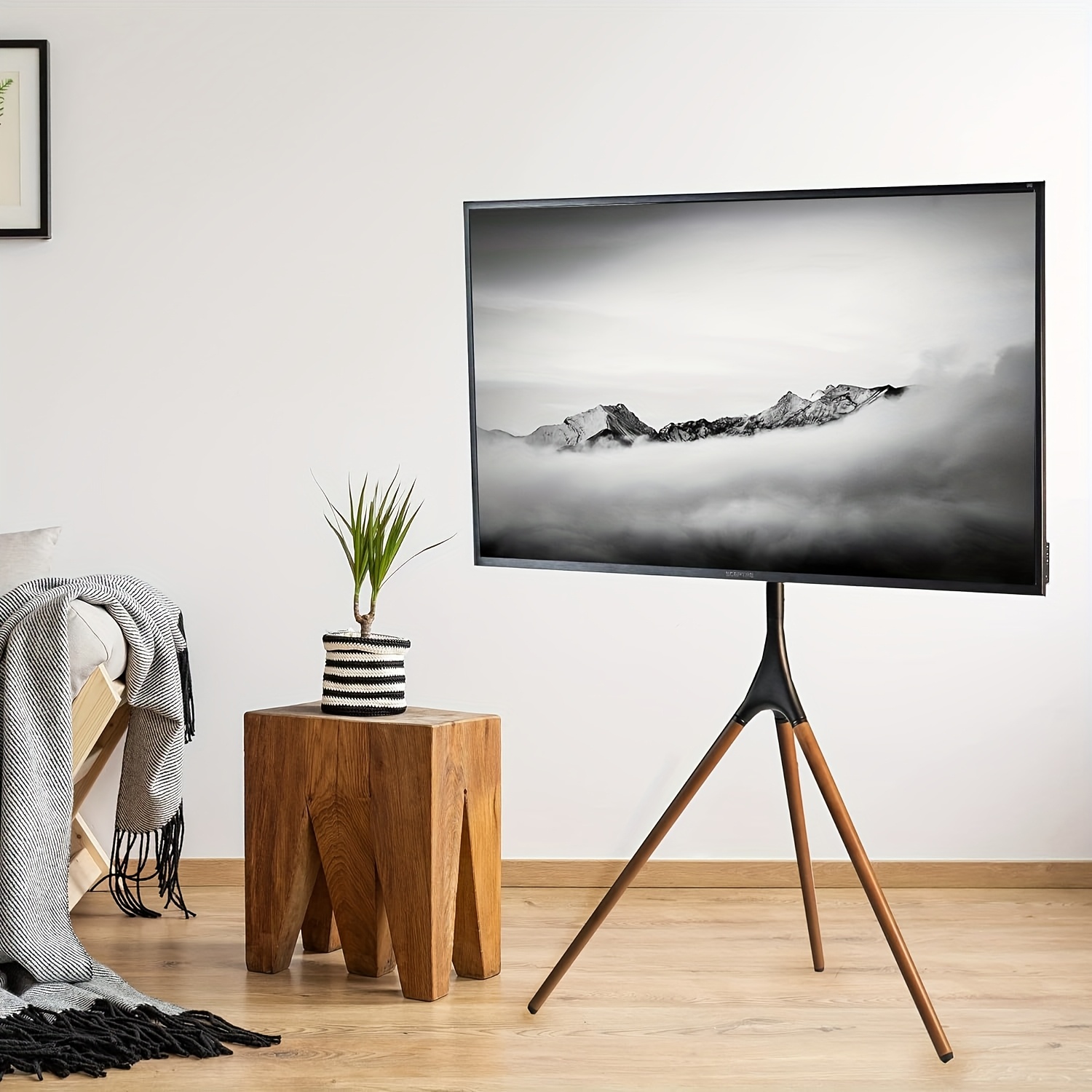 solid wood tripod base tv stand for 45 to 65 inch tv height adjustable swivel walnut legs non slip suitable for led lcd screens   load capacity 77   for home office