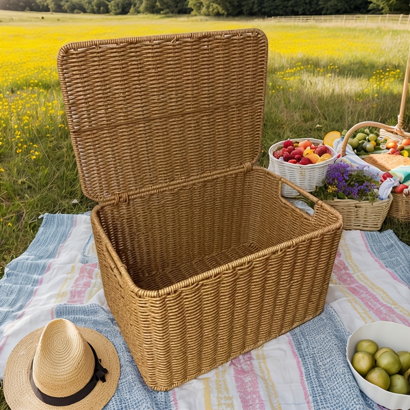 

Versatile Rattan Picnic Basket With Handle - Rectangular Outdoor Organizer, Woven Storage For Living Room & Bedroom, Shelf Baskets