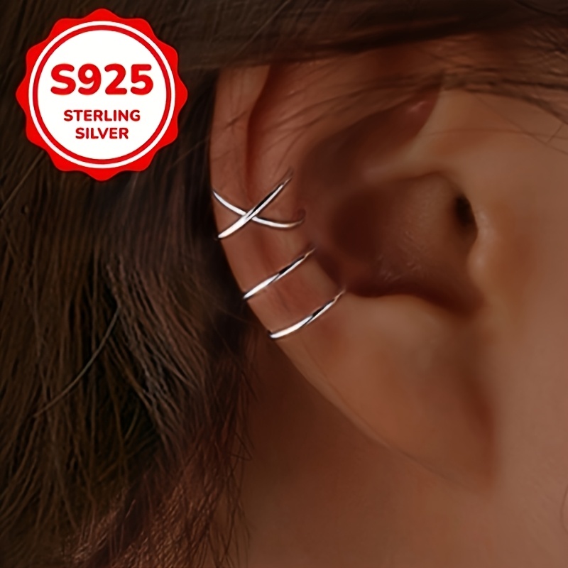 Women's S925 Silver C-Shaped Double-Line Cross Clip Earrings