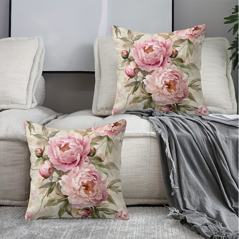 E-shop 2er-Set dekorative Kurzplüsch-Kissenbezüge 17,7 Zoll × 17,7 Zoll mit rosa Pfingstrose, grünen Blättern, weißem Hintergrund, Kissenfüllung nicht