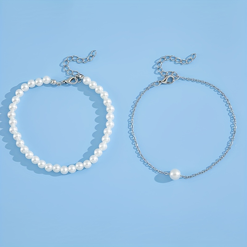2pcs set simple style white faux pearl anklets double layer stacking design anklets for women