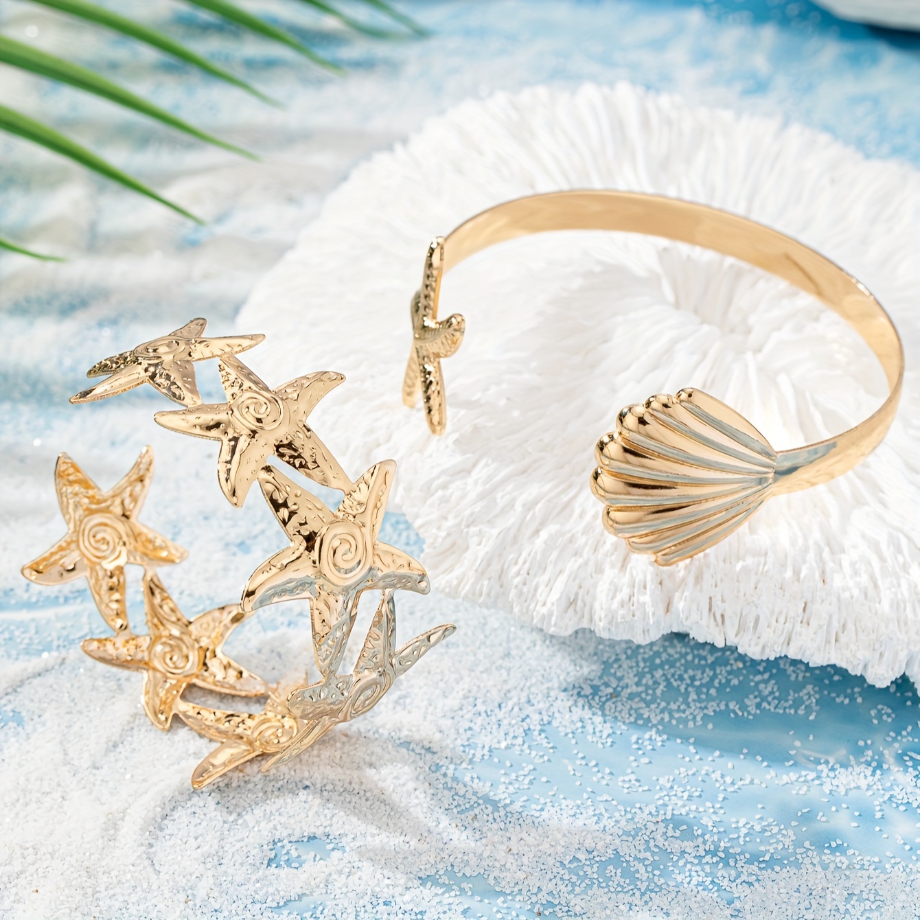 Nautical Starfish & Shell Bracelet Set Golden Tone Ocean Themed Ba